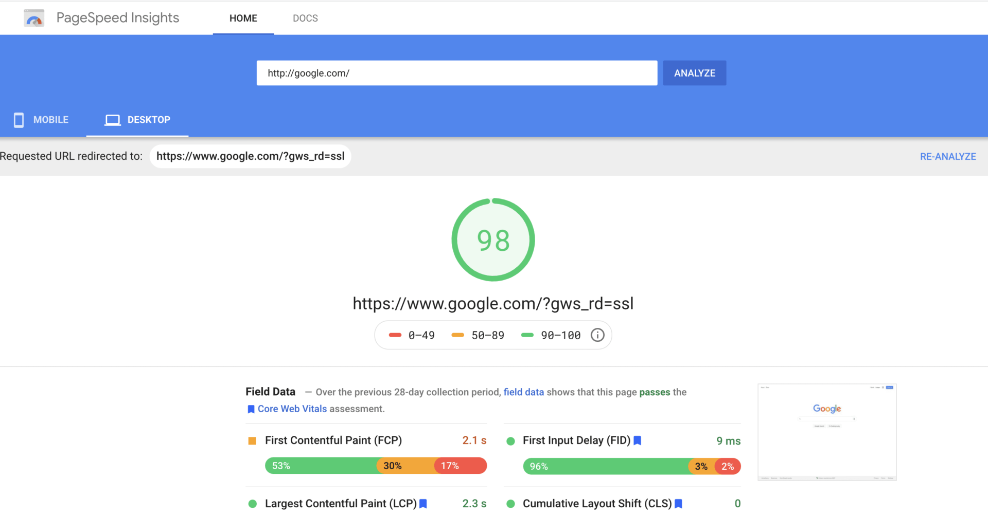 Google.com page speed