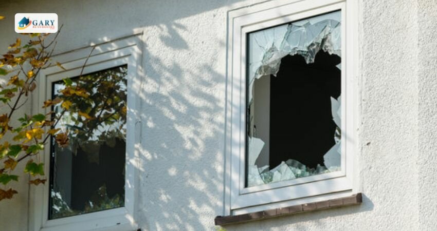 A broken window on a house.