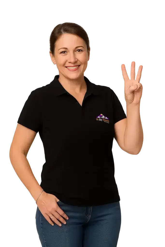 Smiling woman holding up three fingers to represent the simple 3-step cash offer process for Phoenix homeowners.