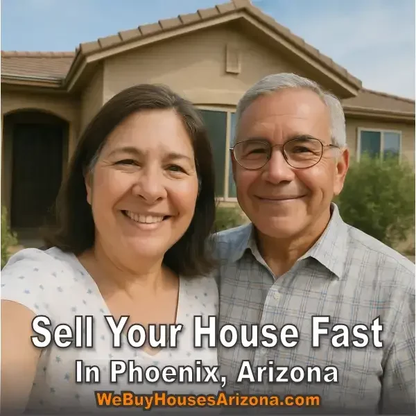 Smiling Phoenix couple standing outside their house after selling fast for cash.