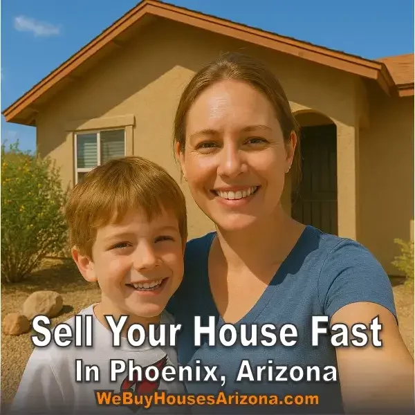 Smiling mother and son in front of a Phoenix home, showing how easy it is to sell your house fast for cash.