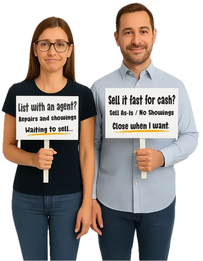 Couple holding signs comparing listing with an agent versus selling fast for cash in Phoenix.