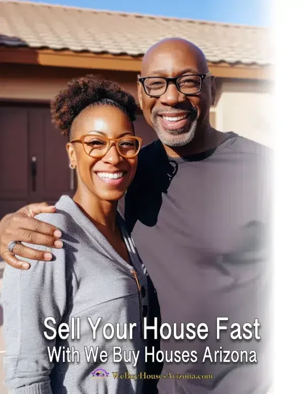 Happy couple in front of a sold Arizona house after a cash sale.