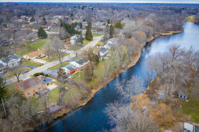 Aerial view of Glendale WI featuring the Milwaukee River. Taken in early winter