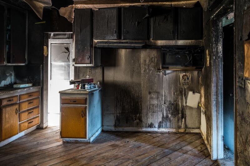 A house is badly damaged after a fire.