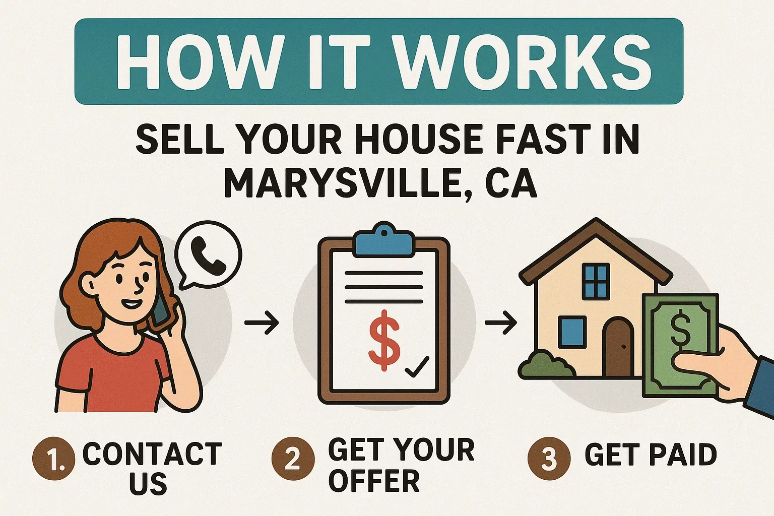 Step-by-step infographic showing how to sell a house fast in Marysville, CA — includes icons for contacting the buyer, receiving a cash offer, and getting paid quickly.