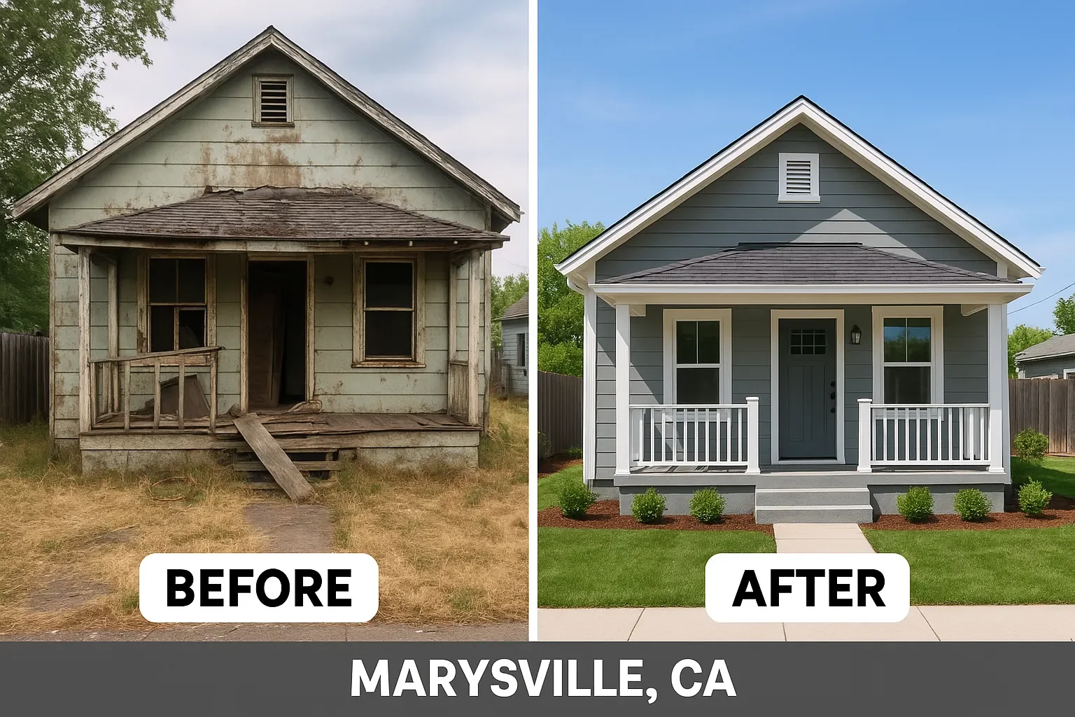 Before and after renovation of a house in Marysville, CA by cash home buyer R&H Distressed Properties, showing property transformation from distressed to move-in ready.