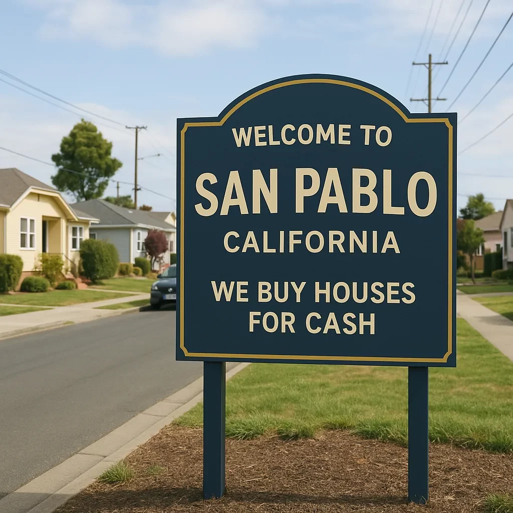 Welcome to San Pablo, California sign in a residential neighborhood, promoting "We Buy Houses For Cash"—ideal for homeowners looking to sell my house fast San Pablo CA.