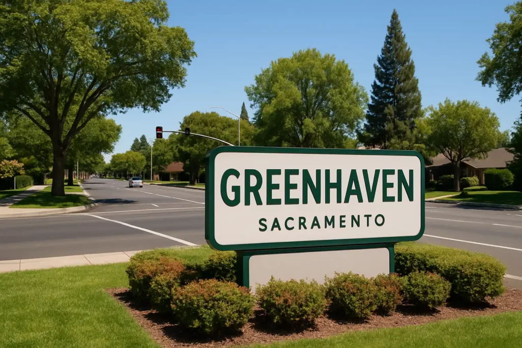 Greenhaven Sacramento neighborhood sign along a suburban street with trees and homes, perfect for homeowners looking to sell a home in Greenhaven quickly and easily.