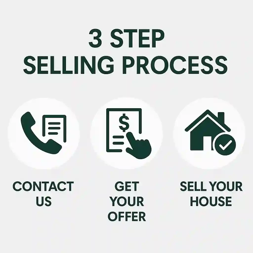 3 step home selling process showing contact us, get a fair cash offer, and sell your house fast with R&H Distressed Properties.