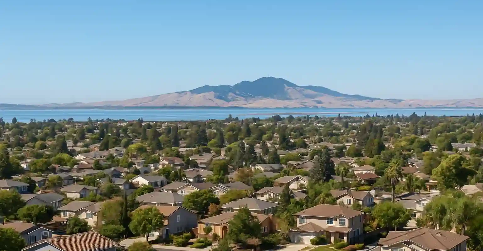 sell my house fast Antioch CA – panoramic city view of Antioch neighborhoods with the San Joaquin River and Mount Diablo in the background, ideal for cash home buyers.