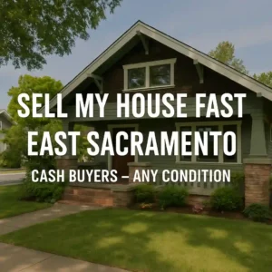 sell my house fast east sacramento ca– classic East Sacramento Craftsman-style home on a leafy street with overlay text highlighting cash buyers for any condition.