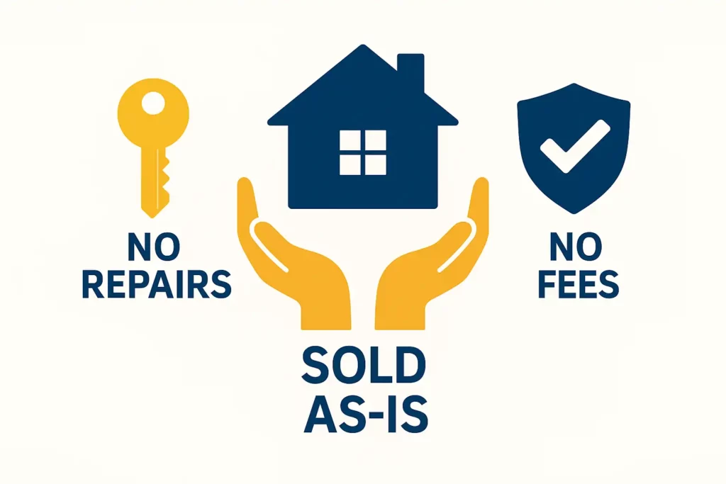 Infographic with a house, key, shield, and hands symbolizing trust for local buyers. Text highlights Sold As-Is, No Repairs, and No Fees, promoting R&H Distressed Properties as local buyers for homeowners who want to sell my house fast Sacramento and we buy houses Sacramento.