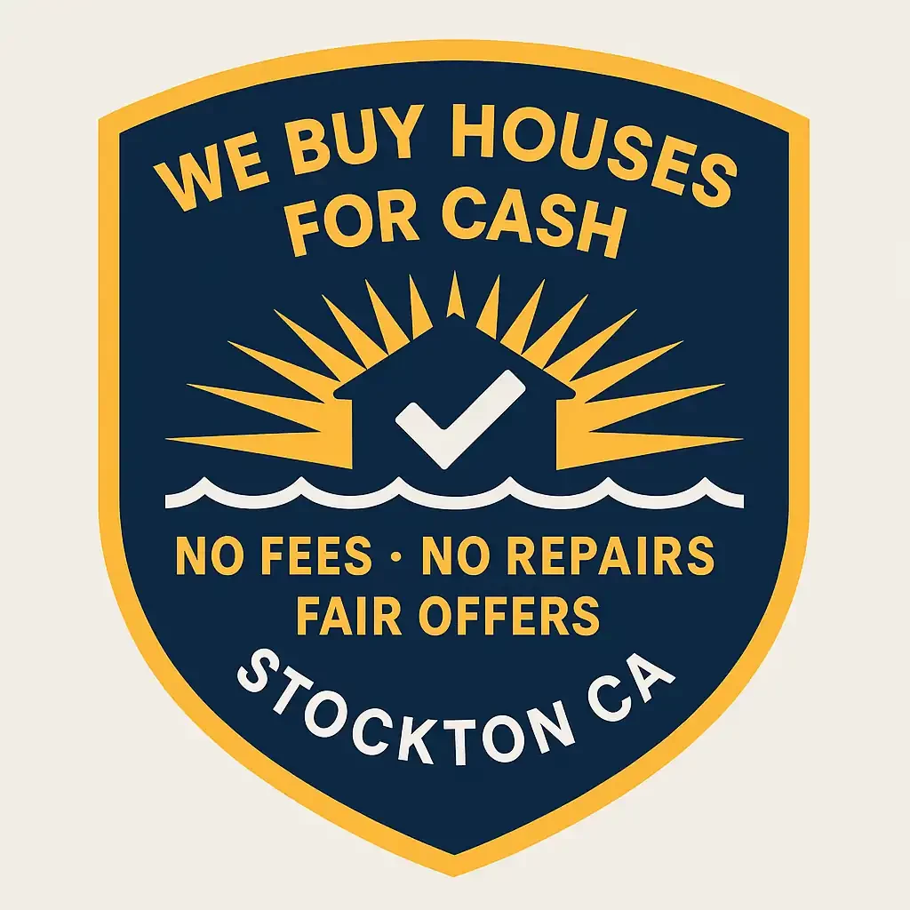 Shield-shaped trust badge with a house, sunburst, and wave design symbolizing Stockton’s Delta waterways. Text reads We Buy Houses for Cash, No Fees, No Repairs, Fair Offers, and Stockton CA. Designed for homeowners searching sell my house fast Stockton and we buy houses Stockton.