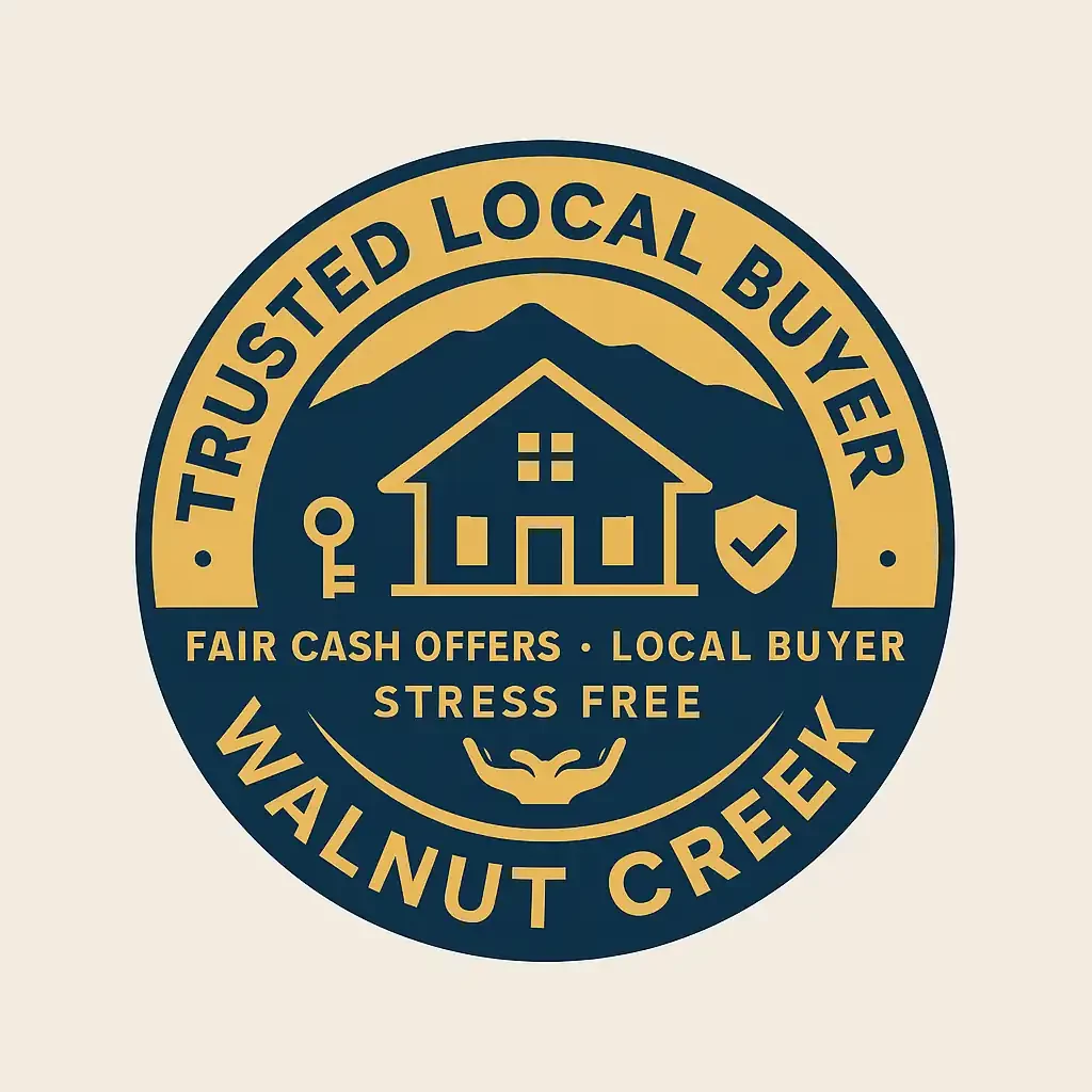 Trusted Local Buyer Walnut Creek circular badge featuring a house, Mount Diablo silhouette, key, shield, and hands icons. Emblem highlights Fair Cash Offers, Local Buyer, Stress Free, promoting sell my house fast Walnut Creek CA and we buy houses Walnut Creek.