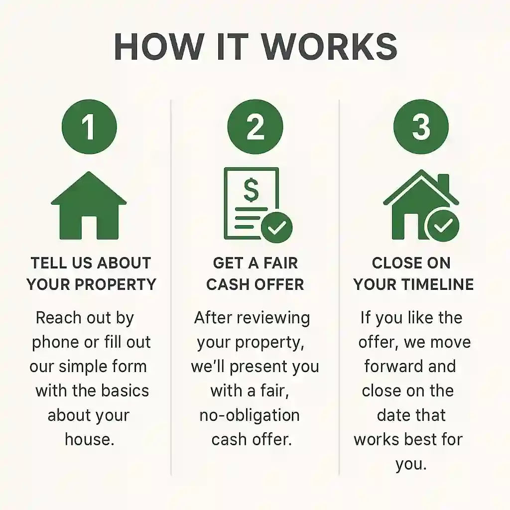 We buy houses Oakley California – cash home buyers 3 step process infographic showing tell us about your property, get a fair cash offer, and close on your timeline.