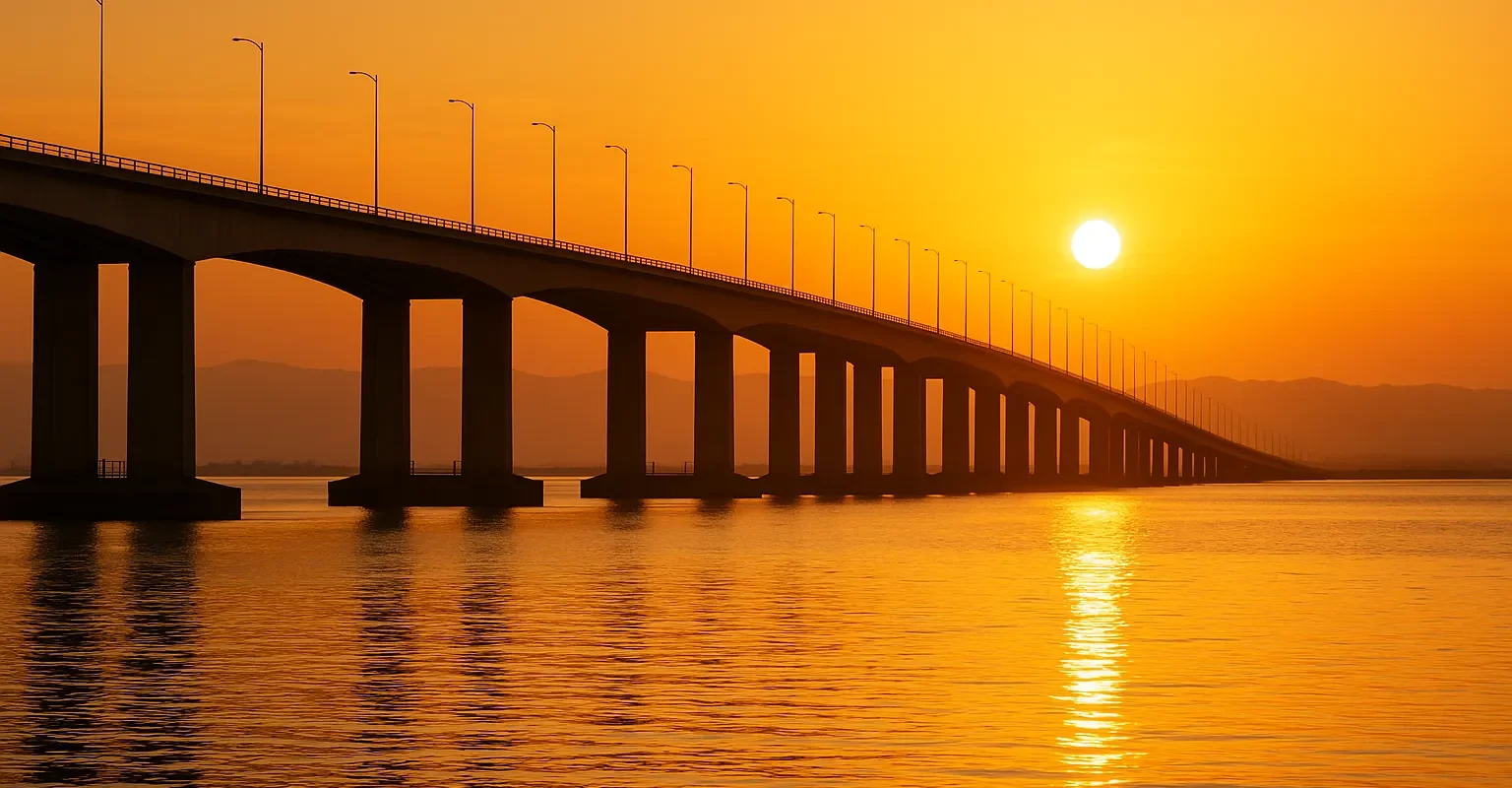 Sell My House Fast Newark CA – Dumbarton Bridge at sunset with golden light reflecting over the San Francisco Bay, symbolizing connection and opportunity in Newark, California.