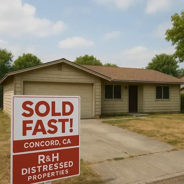 Sell house fast concord image showing a sold fast sign in front of a dated single story house with a garage and simple yard.