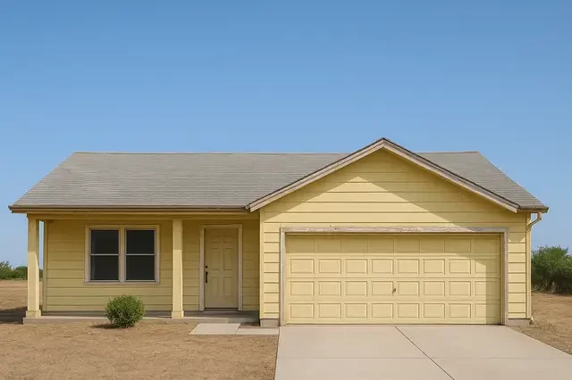 Sell my house fast Sacramento image showing a dated white ranch-style home with a light gray roof, two-car garage, simple concrete driveway, minimal landscaping, and bright blue sky