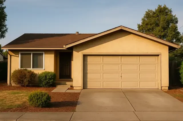 We buy houses Concord image showing a dated beige single story home with a two car garage simple driveway and minimal landscaping.