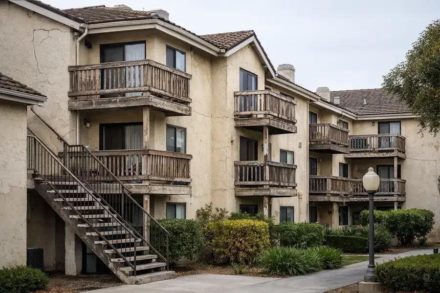 Slightly distressed California condominium with aging balconies impacted by SB 326 inspection requirements