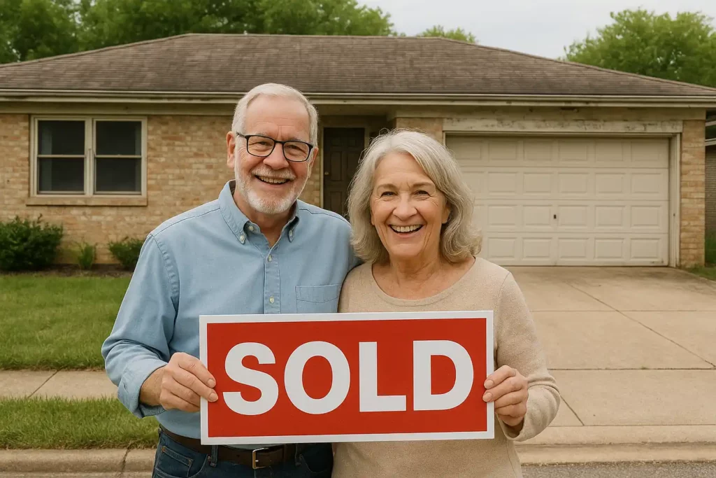 Sell my house fast in Antelope CA happy older homeowners holding a sold sign in front of their ranch style house with attached two car garage