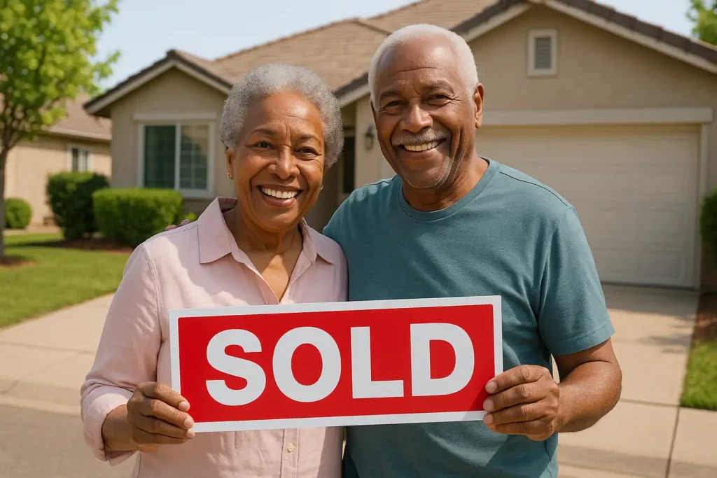 Sell my house fast in Dublin CA happy older African American homeowners holding a sold sign in front of their house.