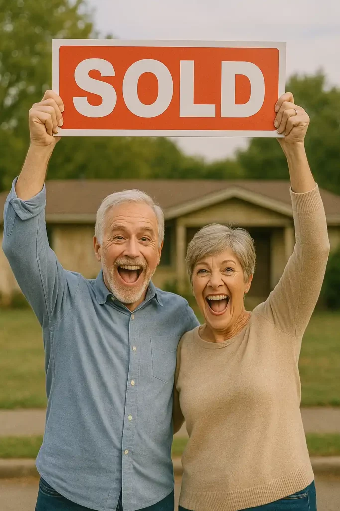 Sell my house fast Rancho Cordova CA happy older homeowners celebrating with a sold sign in front of their ranch style home