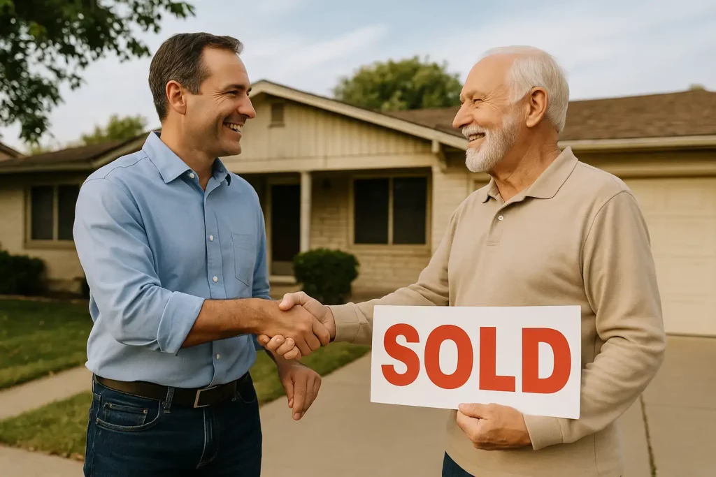 We buy houses Antelope CA as a local buyer shakes hands with a homeowner holding a sold sign in front of a ranch style home
