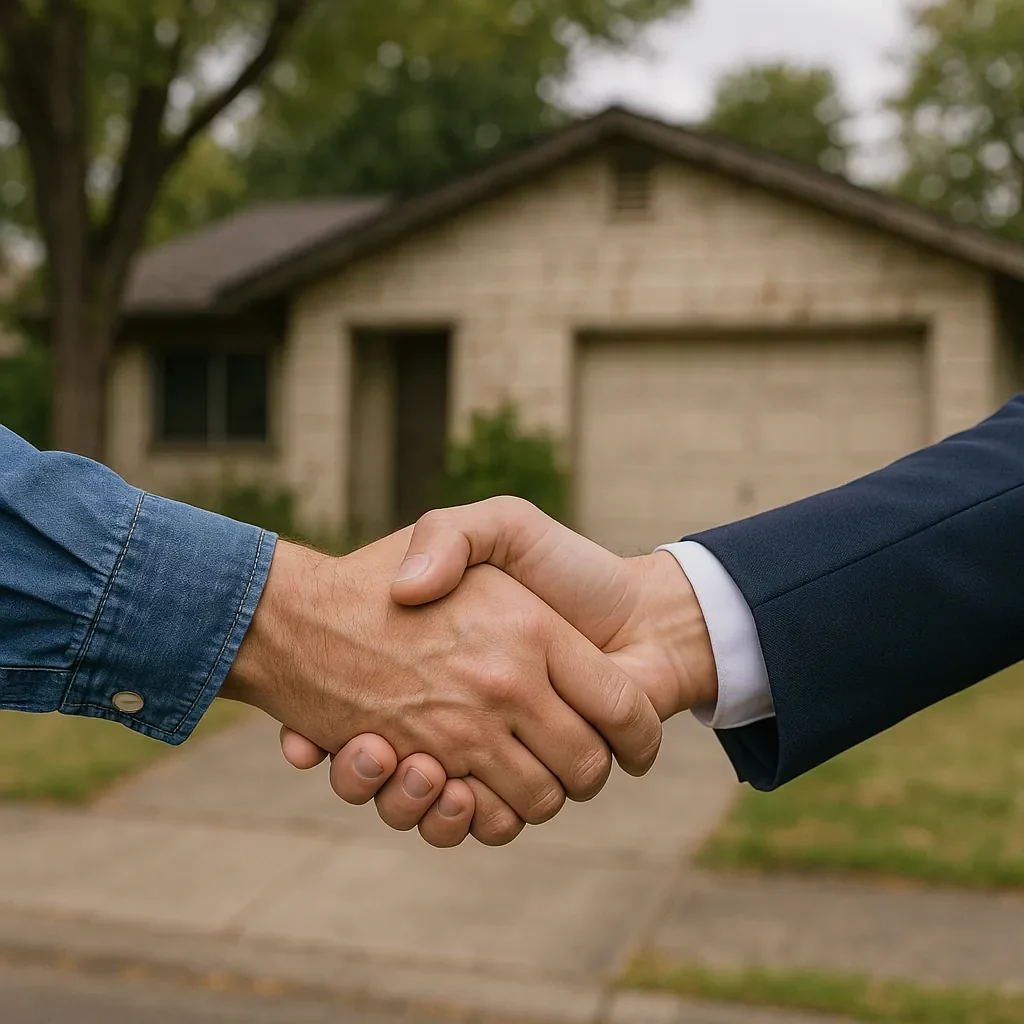 We buy houses Fair Oaks CA handshake in front of a distressed home