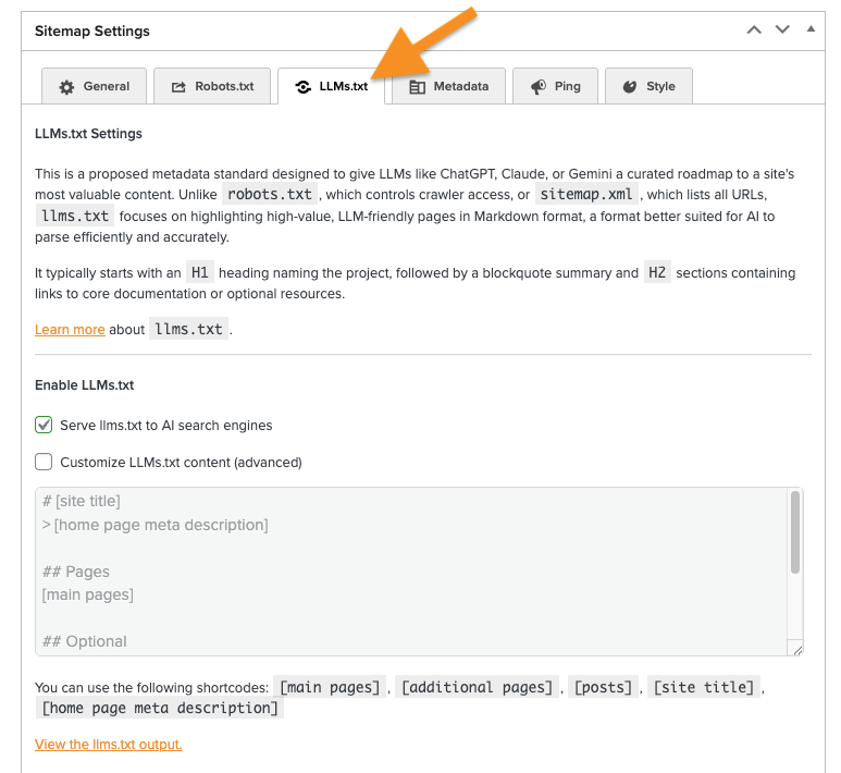 Green shot showing where to find the llms.txt settings in the Carrot dashboard. 