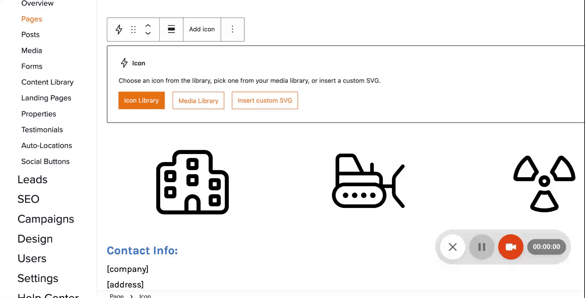 Screenshare of how to search for a "house" related icon using Carrot's Icon Block