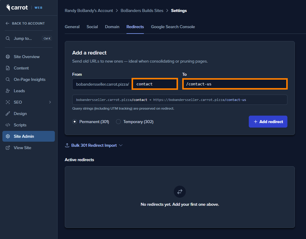 Screenshot of the Add a redirect form with "contact" typed in the From field, "/contact-us" in the To field, and the preview below showing where the redirect will land.