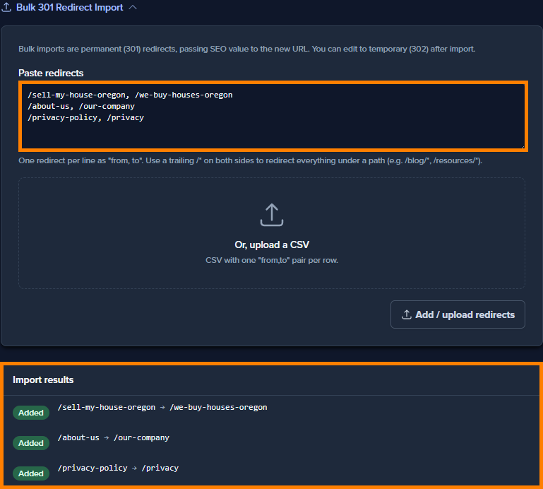 Screenshot of the expanded Bulk 301 Redirect Import section with three redirects pasted in, and the Import results list below showing each one marked Added.