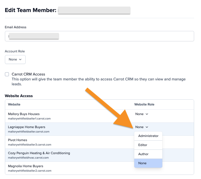 Screenshot showing how to edit the website roles for a team member. 