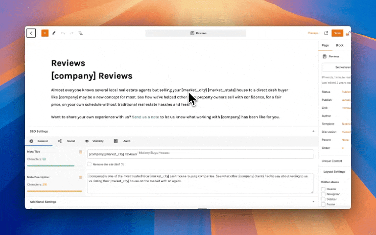 GIF showing how to insert a Hero block on a Carrot website
