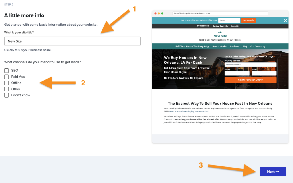 A screenshot of Carrot site generation showing where to add your site title 