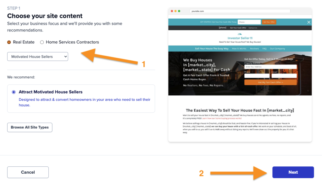 Screenshot of creating a new Carrot site and choosing your site content