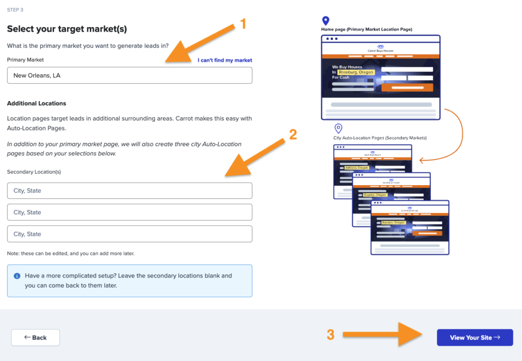 Green shot of carrot site generation showing how to select the target market areas you want to generate leads in. 