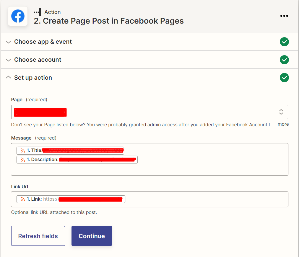 set up action facebook page