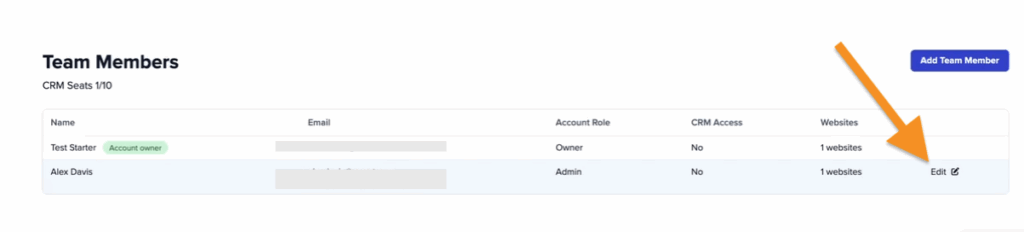 Screenshot showing how an admin on a Carrot account can update the website permissions for users, including themselves. 