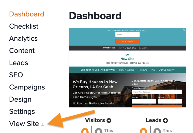 Where to find the view site link in your Carrot site dashboard