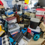 Hoarder room packed with storage boxes, old electronics, files, business equipment and household items