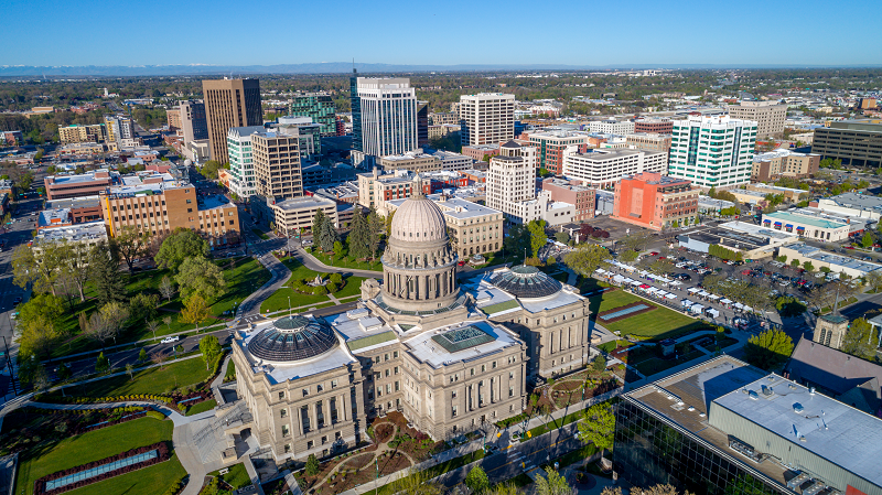 Aerial view of the Boise, Idaho, skyline in the spring