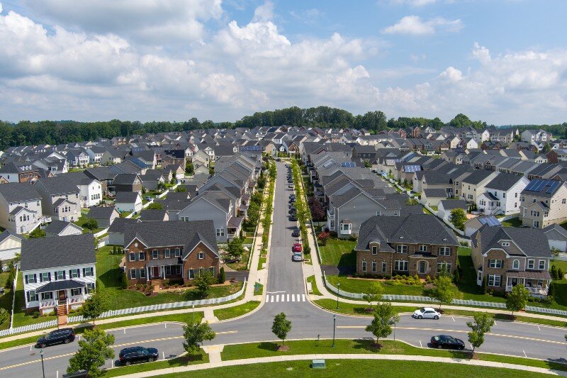 A panoramic view of a neighborhood.