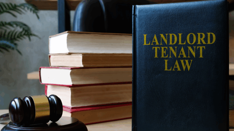 law books, a gavel and a dark grey book titled Landlord Tenant Law on an office desk