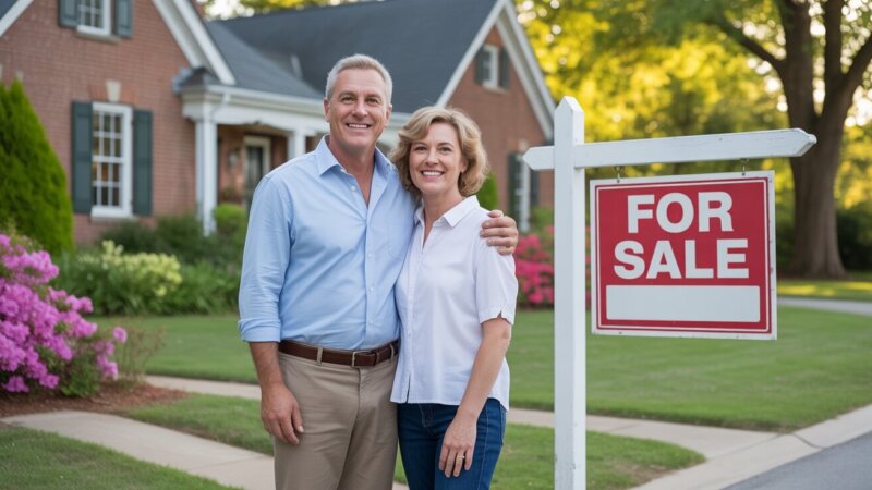 a happy couple in front of a house with a for sale sign