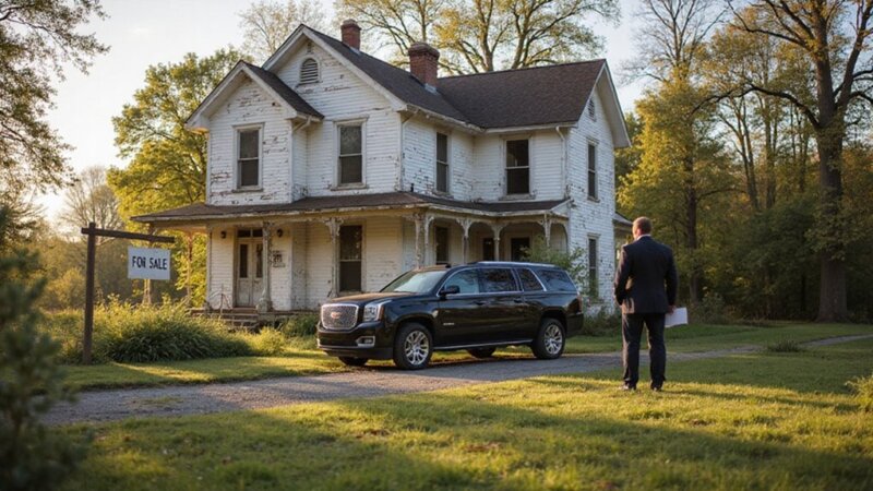 A house in need of major renovation and a paint job with a fancy car in front and a person in a suit