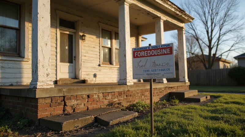 an old house with a foreclosure sign in front of it