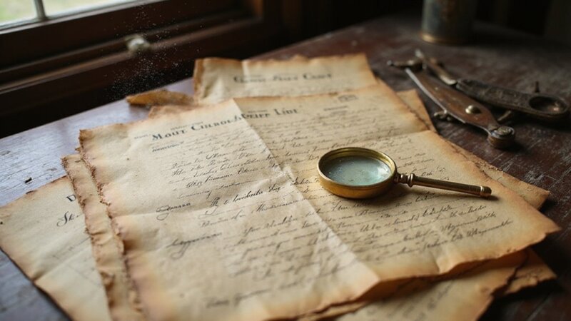 old parchment paper land titles with faded edges and old timey writing on an antique desk with a magnifying glass on top of the documents